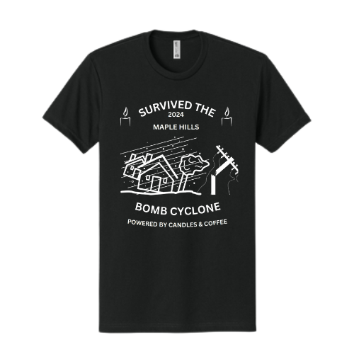 "I Survived the Bomb Cyclone 2024: Powered by Candlelight and Coffee" Adult Short-Sleeve Shirt